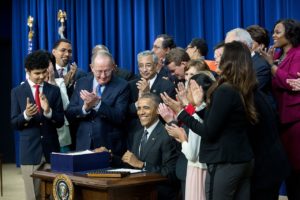 President Barack Obama signs Every Student Succeeds Act (ESSA) in the Eisenhower Executive Office Building South Court Auditorium, Dec. 10, 2015. Photographer: Amanda Lucidon